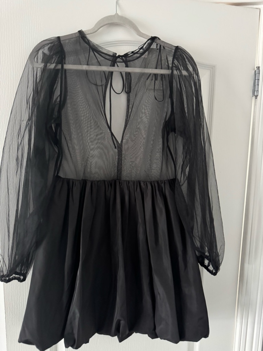 Zara Black Sheer Puff-Sleeve Tie-Front Mini Dress